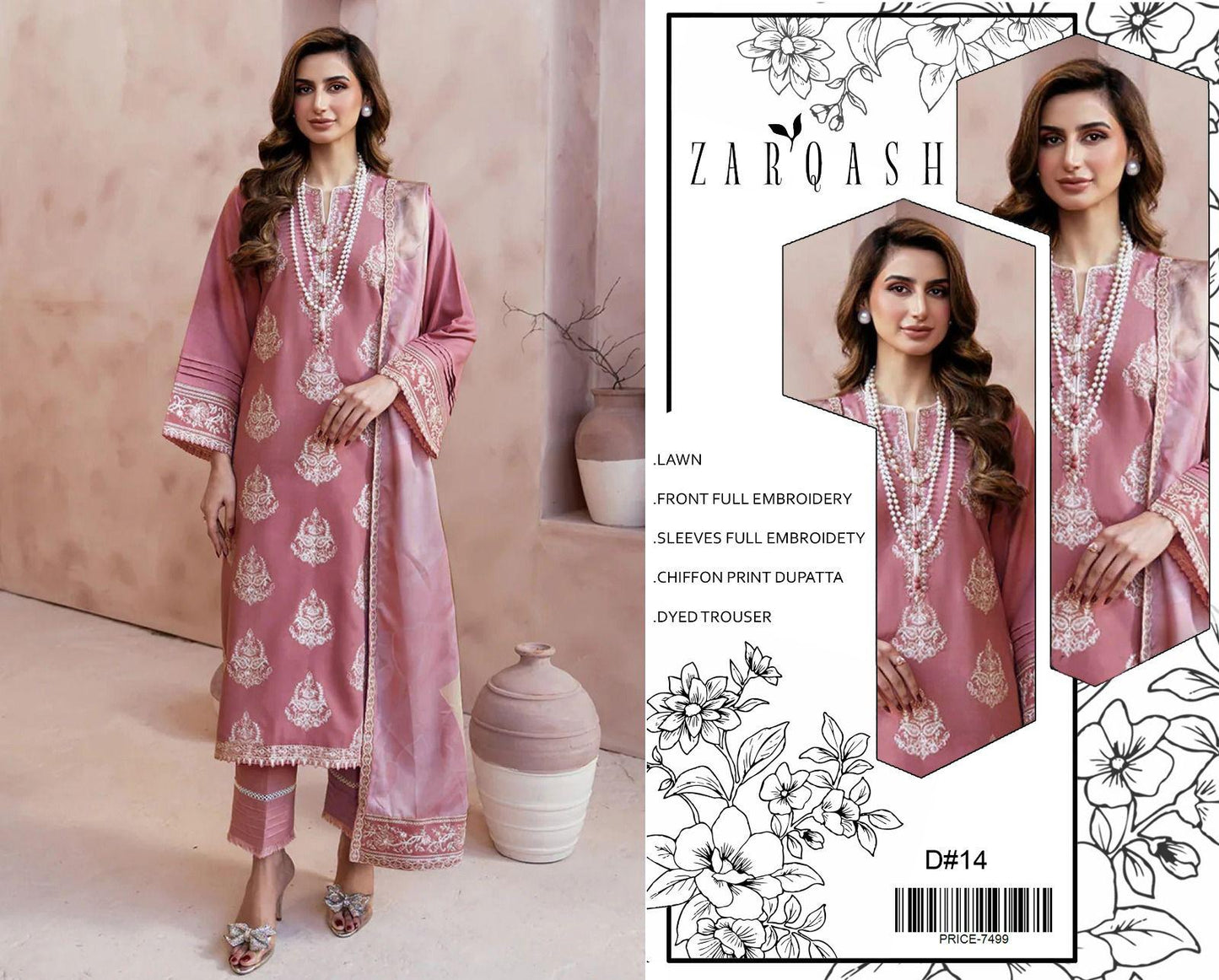 Lawn-3PC Embroidered Shirt with Embroidered WIth Digital Chiffon Dupata