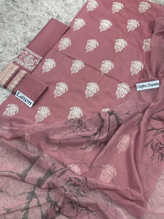 Lawn-3PC Embroidered Shirt with Embroidered WIth Digital Chiffon Dupata