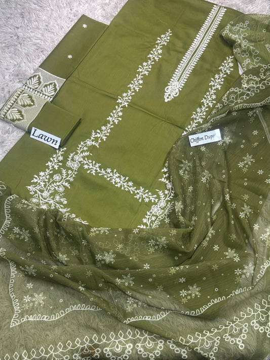 Lawn-3PC Embroidered Shirt with Embroidered WIth Digital Chiffon Dupata