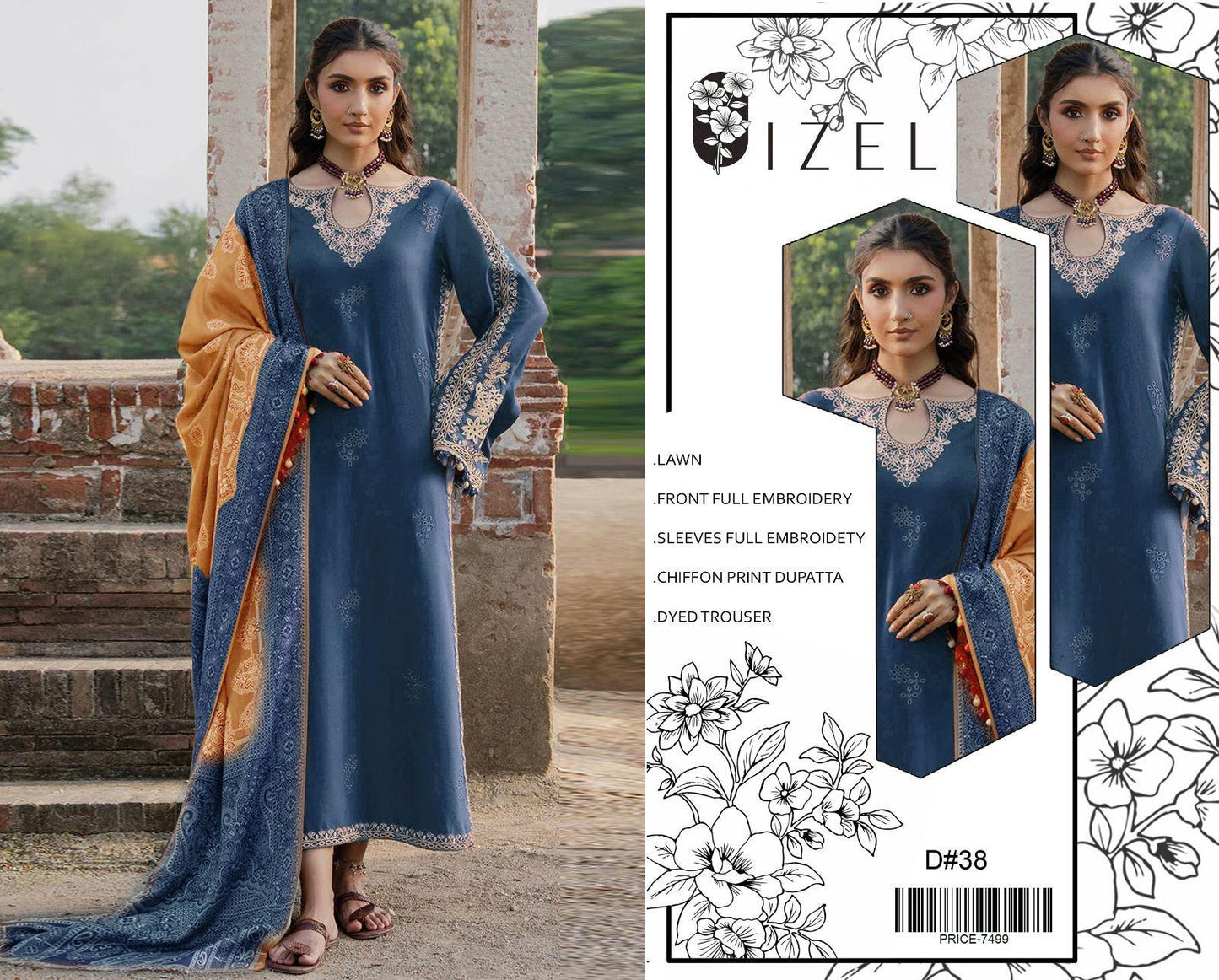 Lawn-3PC Embroidered Shirt with Embroidered WIth Digital Chiffon Dupata
