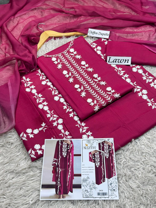 Lawn-3PC Embroidered Shirt with Embroidered WIth Digital Chiffon Dupata