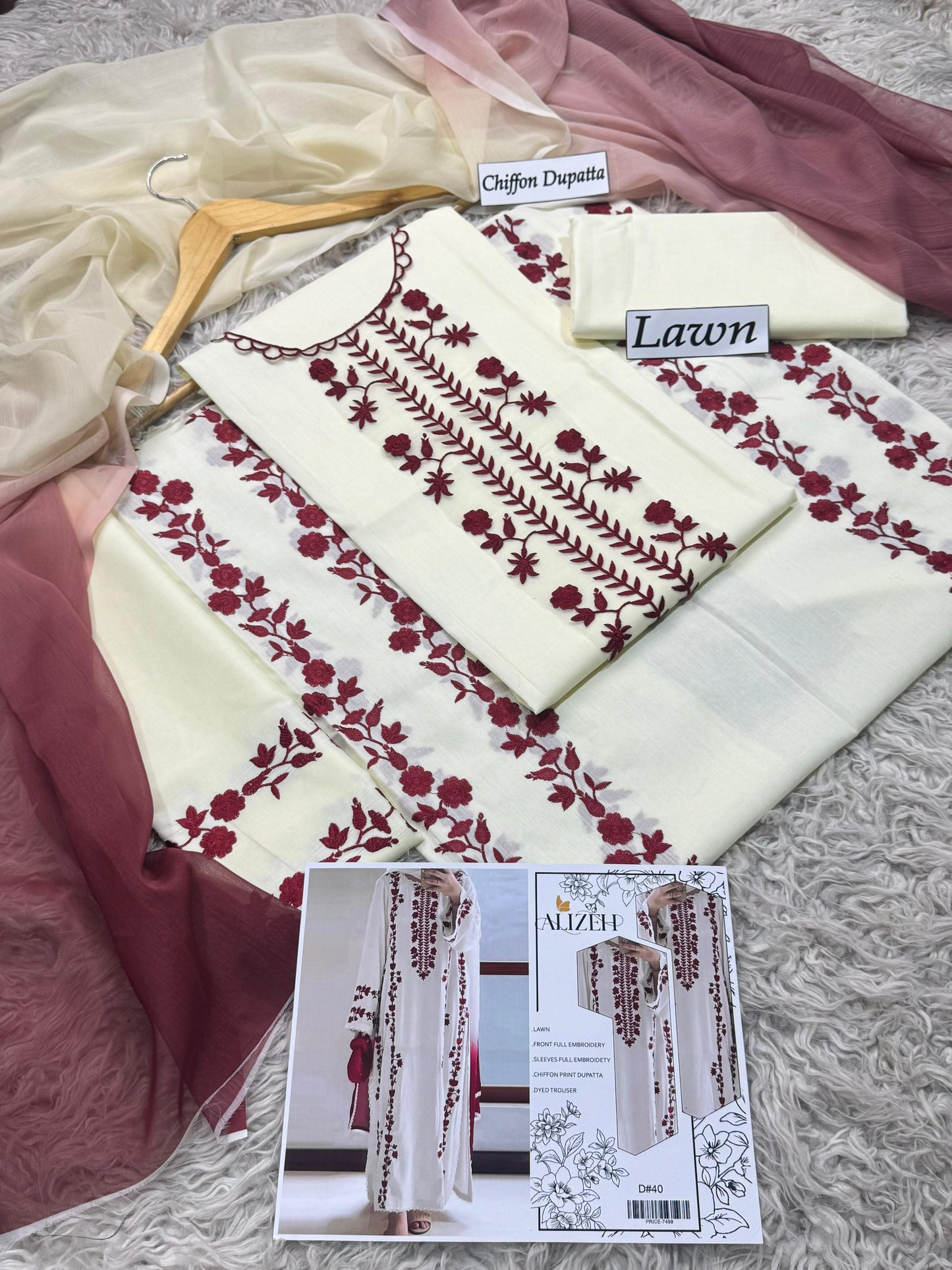 Lawn-3PC Embroidered Shirt with Embroidered WIth Digital Chiffon Dupata