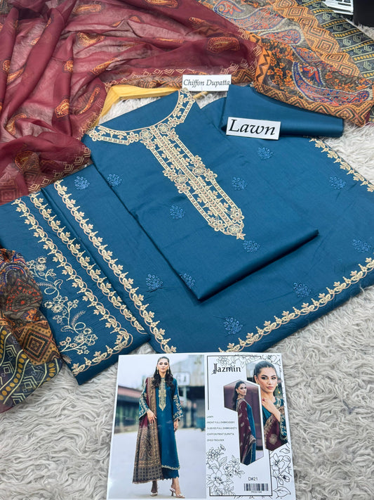 Lawn-3PC Embroidered Shirt with Embroidered WIth Digital Chiffon Dupata