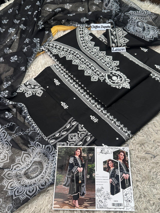 Lawn-3PC Embroidered Shirt with Embroidered WIth Digital Chiffon Dupata