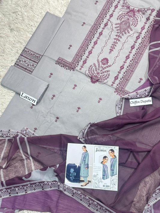 Lawn-3PC Embroidered Shirt with Embroidered WIth Digital Chiffon Dupata