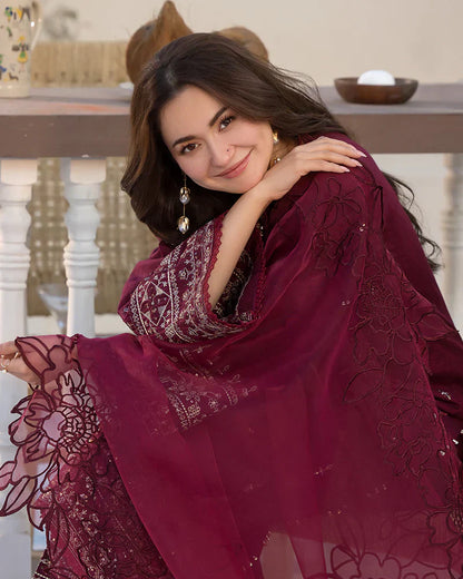 Dhanak-3PC Embroidered Shirt with Organza Embroidered Dupatta