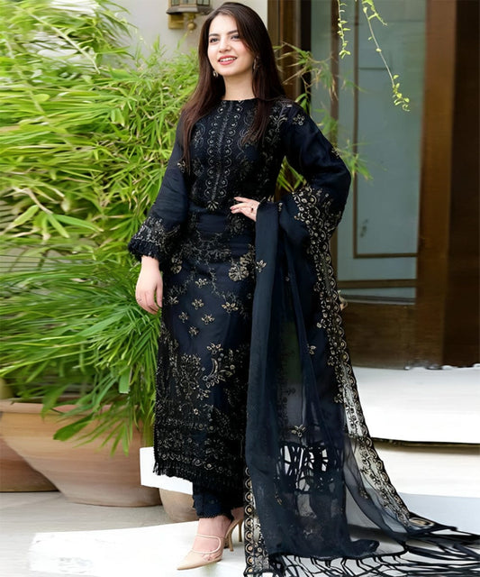 DHANAK-3PC Embroidered Shirt With Shawl Embroidered-Black
