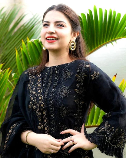 DHANAK-3PC Embroidered Shirt With Shawl Embroidered-Black