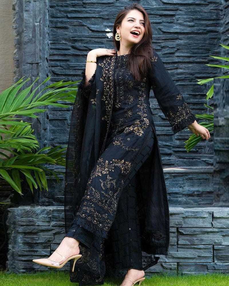 DHANAK-3PC Embroidered Shirt With Shawl Embroidered-Black
