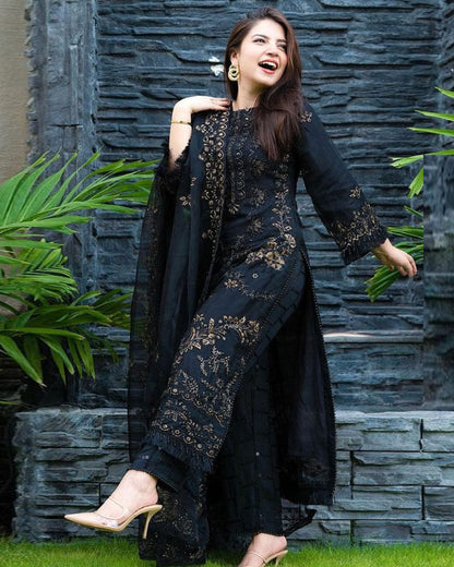 DHANAK-3PC Embroidered Shirt With Shawl Embroidered-Black