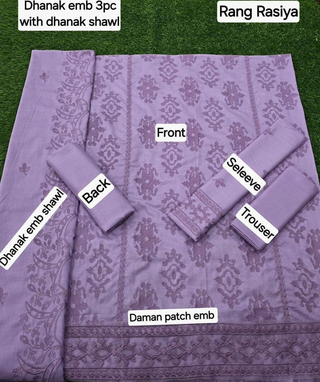 Winter Fabric-3PC Embroidered Shirt With Shawl Embroidered