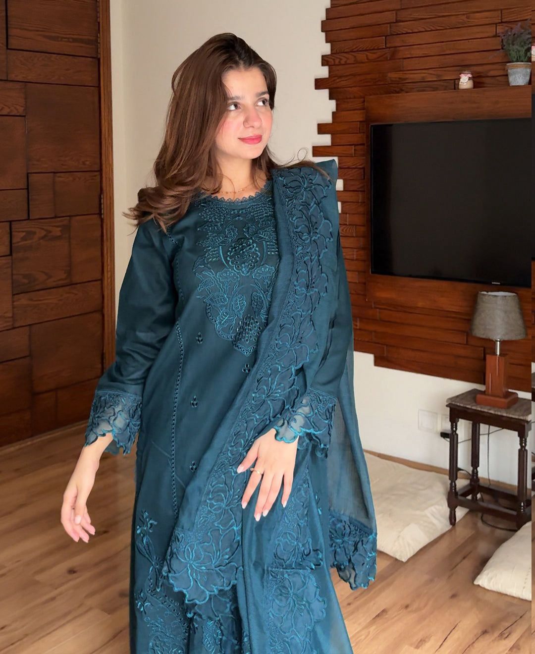 Dhanak-3PC Embroidered Shirt with Organza Embroidered Dupatta