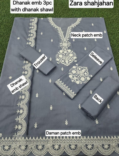 Winter Fabric-3PC Embroidered Shirt With Shawl Embroidered