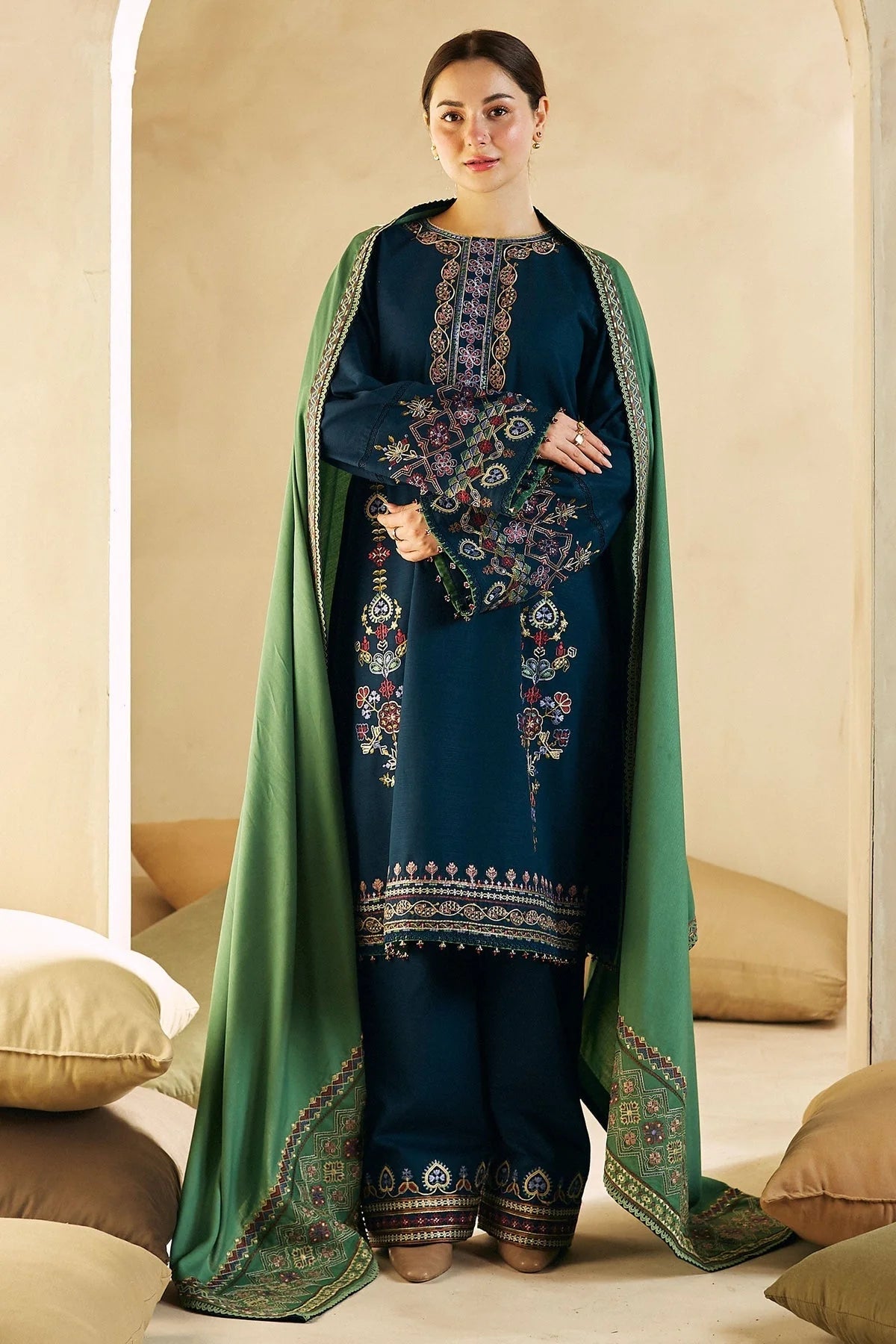 3 Piece - Unstitched Marina Stuff Full Embroidered Suit With Embroidered Marina Shawl