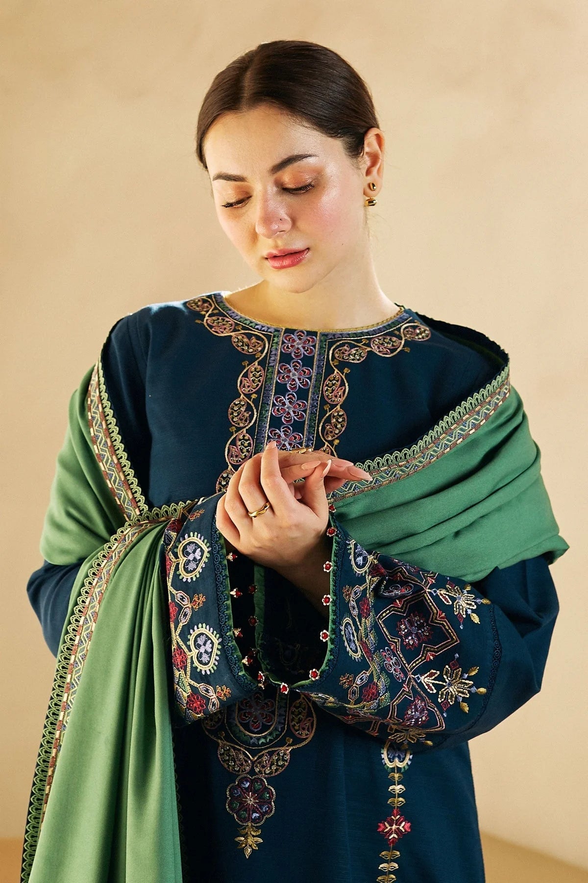 3 Piece - Unstitched Marina Stuff Full Embroidered Suit With Embroidered Marina Shawl