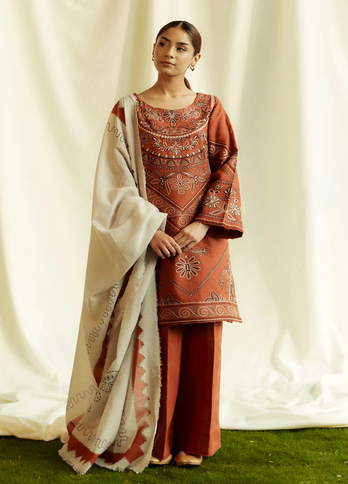 3PC Marina Embroidered Shirt With Digital Printed Shawl