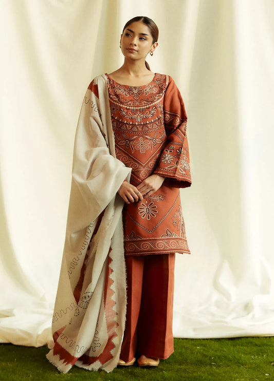 3PC Marina Embroidered Shirt With Digital Printed Shawl