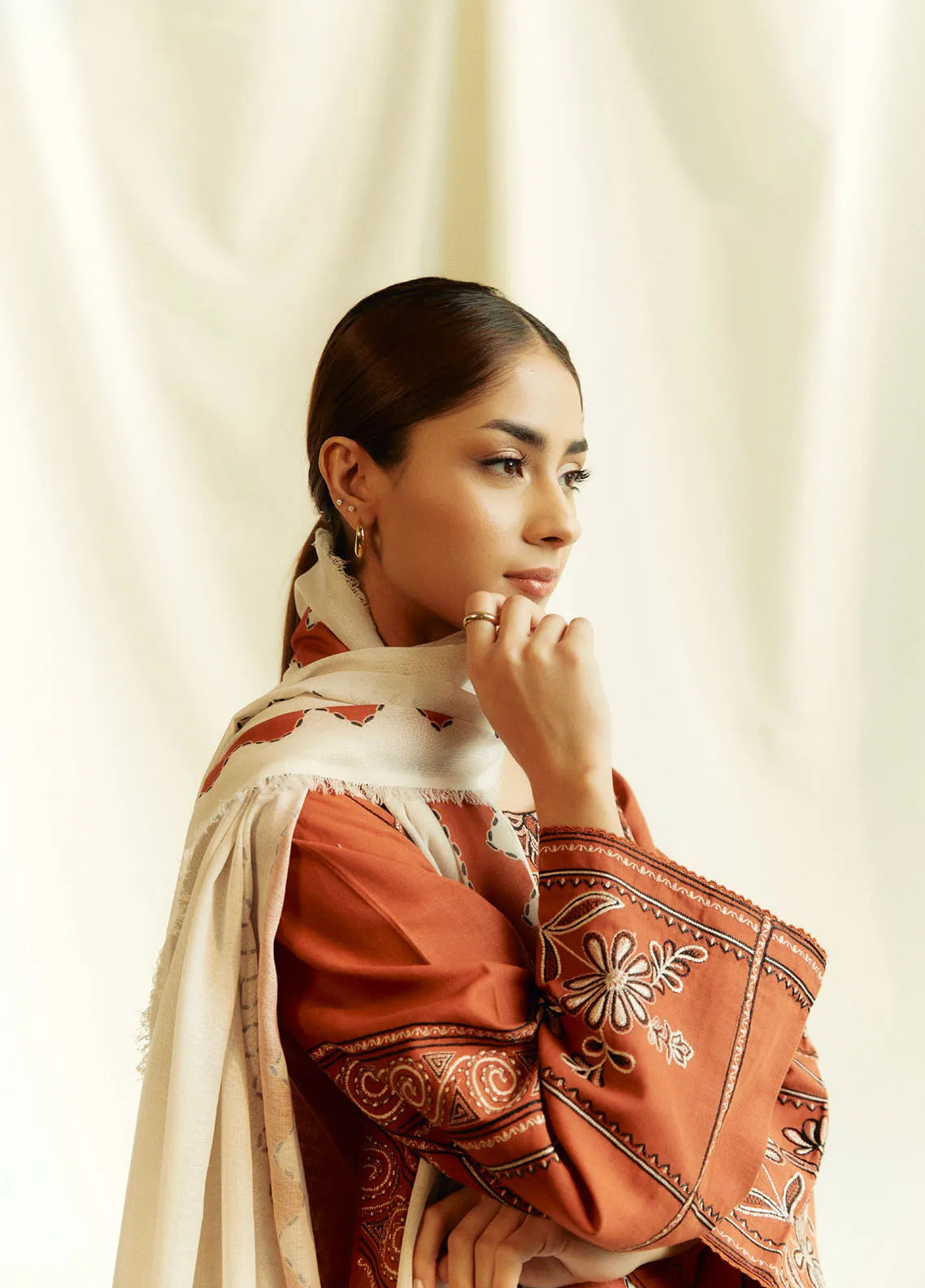 3PC Marina Embroidered Shirt With Digital Printed Shawl