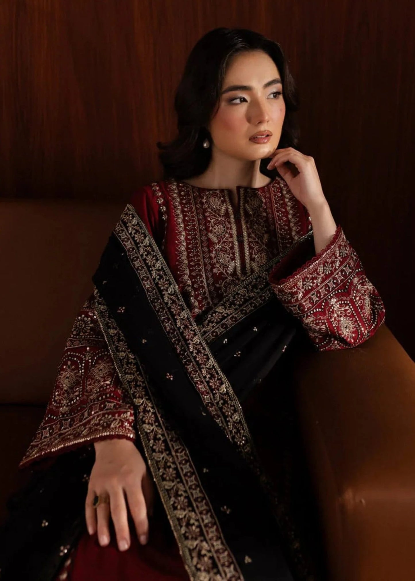 Winter Fabric-3PC Embroidered Shirt With Shawl Embroidered-Mahroon
