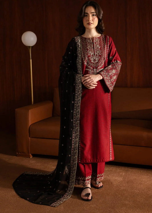Winter Fabric-3PC Embroidered Shirt With Shawl Embroidered-Mahroon