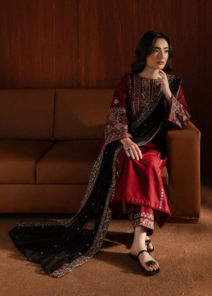 Winter Fabric-3PC Embroidered Shirt With Shawl Embroidered-Mahroon