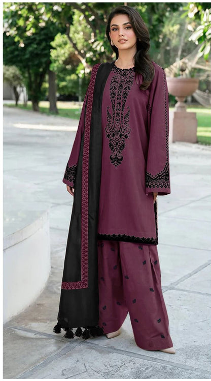 3 Piece - Unstitched Dhanak Suit Embroidered Suit With Digital Dhanak Shawl