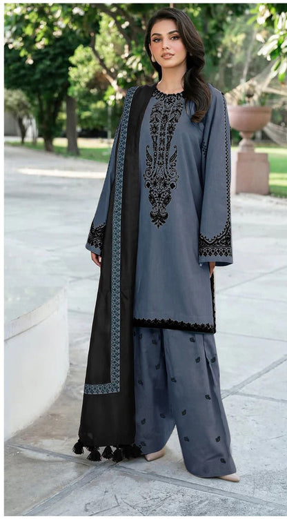 3 Piece - Unstitched Dhanak Suit Embroidered Suit With Digital Dhanak Shawl